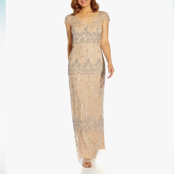 Adrianna Papell Beige Beaded Evening Gown – Petite 6P NWT
